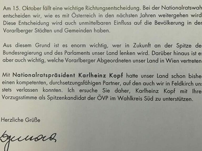 ÖVP-Wahlempfehlung auf Briefpapier der Stadt — Bild: unzensuriert