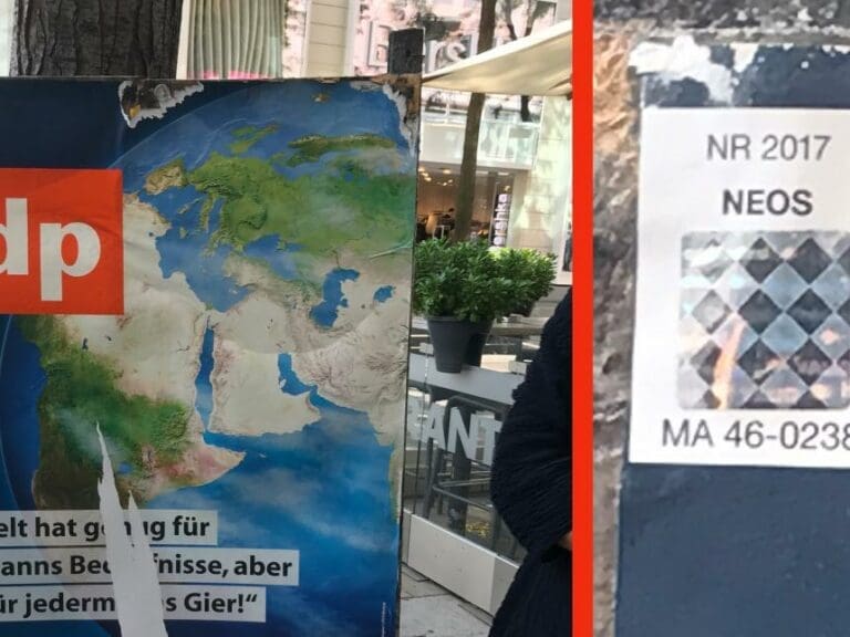 Skurril: Deutsche Partei auf NEOS-Plakatständern — Bild: z.V.g.