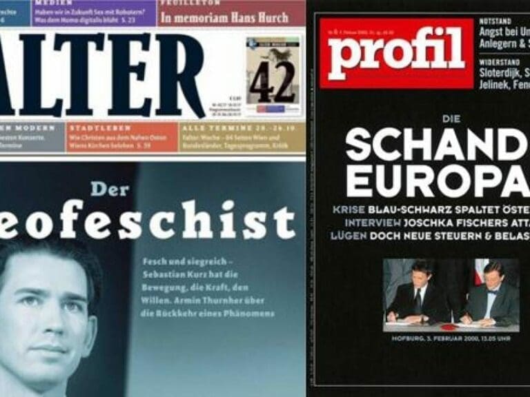 Nach ÖVP/FPÖ-Wahlerfolg: Streit zwischen profil und Falter um die geschmackloseste Titelseite — Bild: Screenshot / Twitter @chri_rai bzw. profil.at