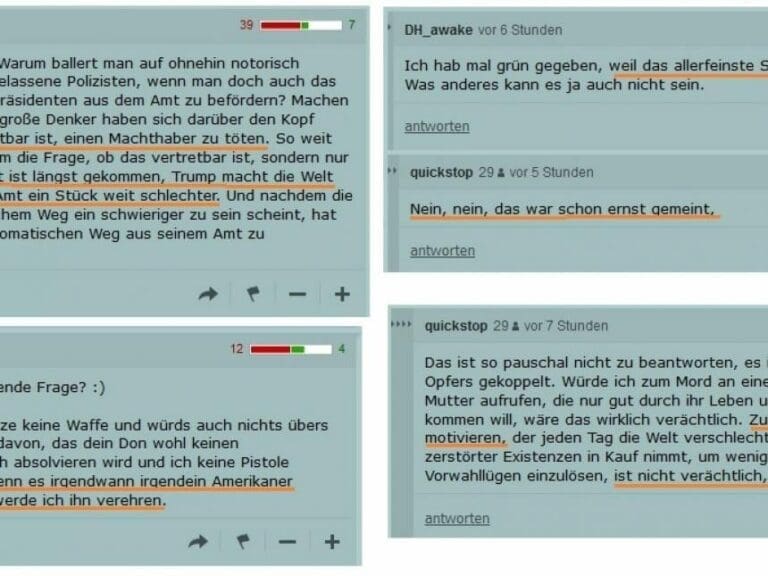Standard lässt Mord- Phantasien durch Zensur — Bild: Screenshots Kommentare auf derstandard.at / Hervorhebungen durch unzensuriert