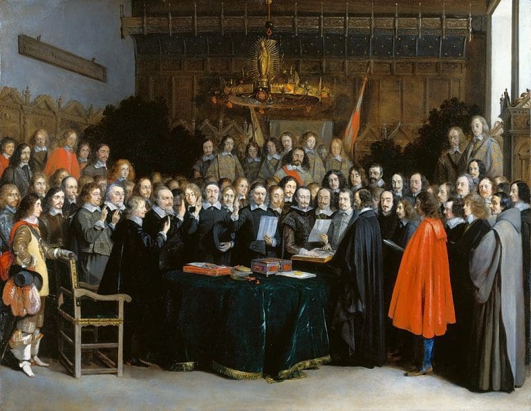 Grüne glänzen vor G7-Gipfel mit Unchristlichkeit — Gerard ter Borch, Westfaelischer Friede in Muenster (Gemeinfrei)