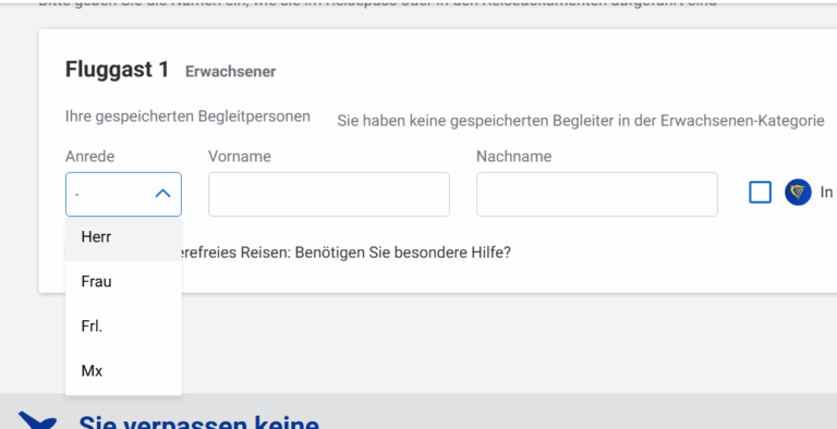 Ryanair bietet bei Buchung drittes Geschlecht an — Screenshot Ryanair.com