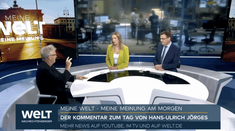 Hans-Ulrich Jörges mit Welt-Moderatoren — Screenshot / Welt Nachrichtensendung